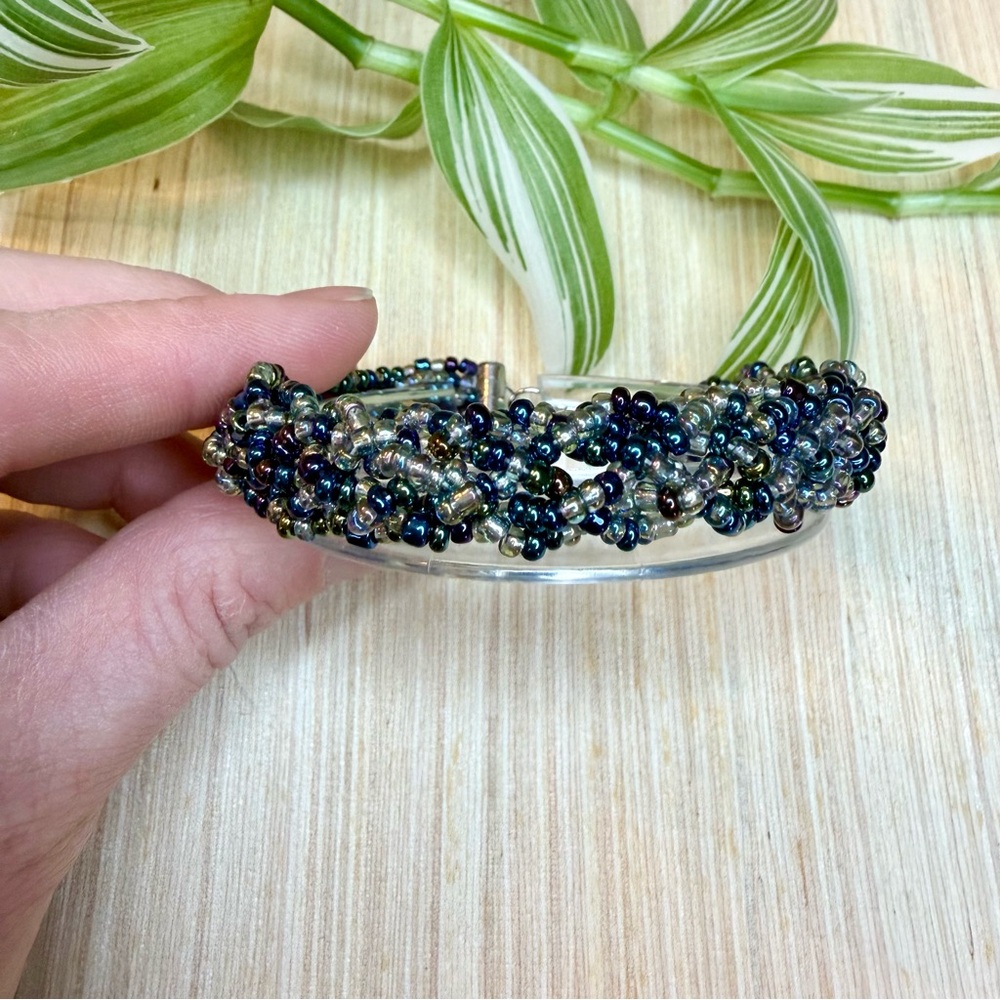 Handmade Kumihimo Seed Bead Bracelet - Oil Slick Rainbow - Blue, Purple, Green